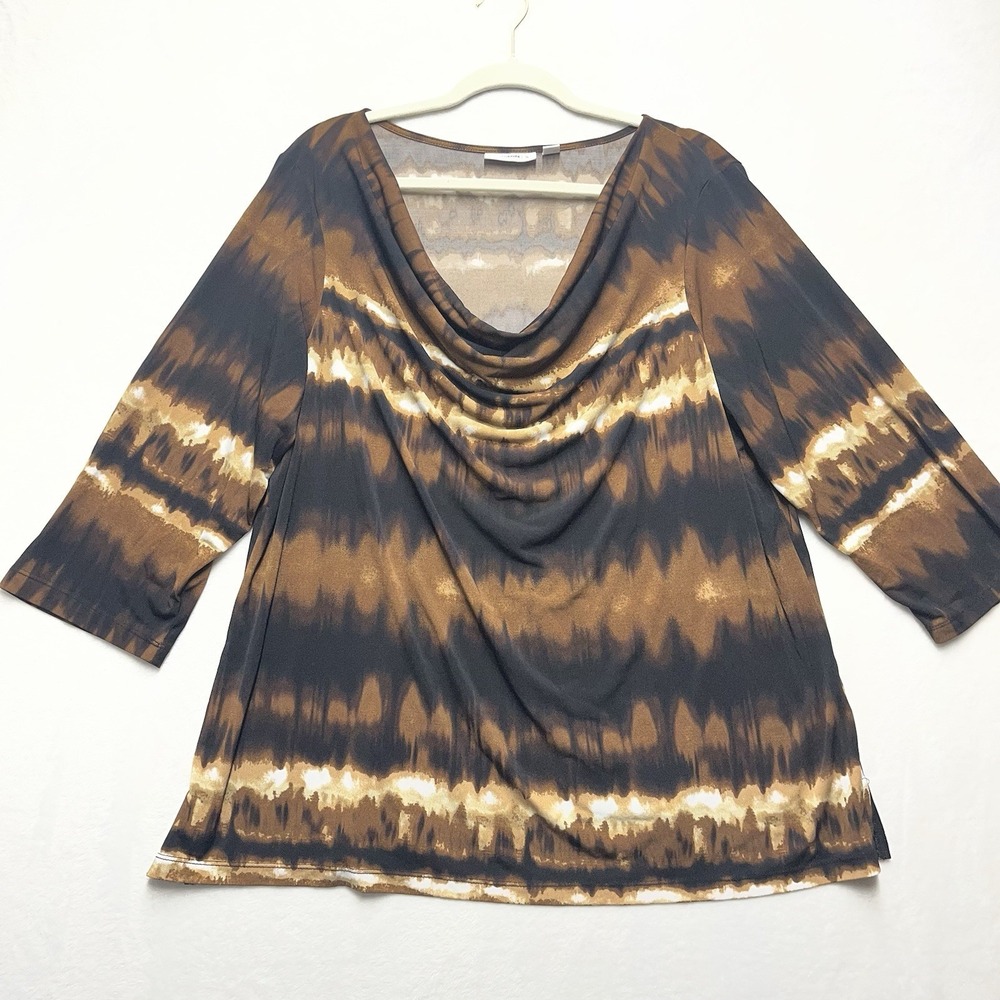Susan Graver Cowl Neck Top Womens XL‎ Brown Tie Dye Liquid Knit Stretch